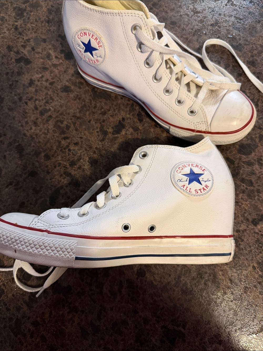 Converse womens wedge White High-Top Sneakers with Red Trim and Blue Star